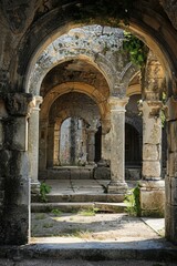 Step into the silent ruins of an ancient monastery, where weathered cloisters and crumbling chapels stand as to life of devotion and prayer, Generative AI