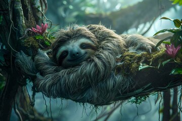 Fototapeta premium A photo of a sloth smiling while hanging from a tree branch in the jungle.