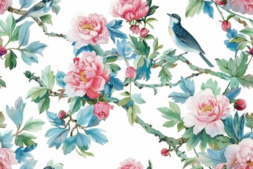 Seamless vintage watercolor with peonies and birds.