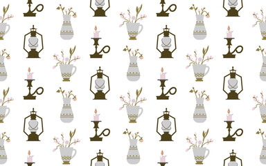 Vase with flowers, antique lantern, candle isolated on a white background. Flat style. Seamless pattern. Background with pastel colors for paper, cover, textile, interior decor. 
