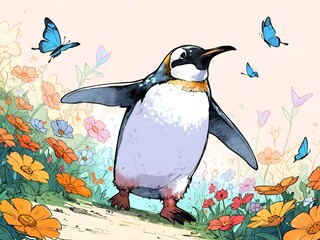 Cute little penguin standing in the middle of field flowers, summertime	