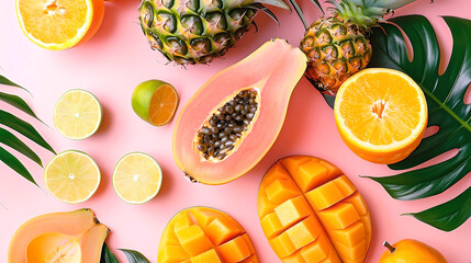 Colorful arrangement of tropical fruits including sliced mango, papaya, and citrus on a pastel pink backdrop with palm leaves.
