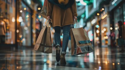 close up back view of a Women holding shopping bags while walking at the mall, close-up view on the empty paper bags with copy space - Powered by Adobe