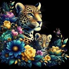Floral artistic image of black background blue yellow magenta green Leopard with her baby