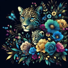 Floral artistic image of black background blue yellow magenta green Leopard with her baby