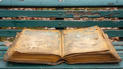 An open book with pages torn out, lying abandoned on a bench, symbolizing the frustration of unfulfilled promises or stories untold.