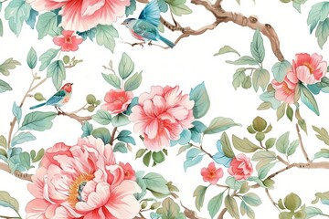 Obraz premium Seamless vintage watercolor with peonies and birds.