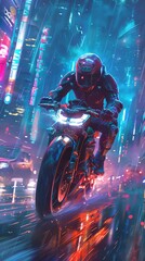 Merge the thrill of extreme sports with a vision of the future using a color palette of electric blues, pulsating reds, and shimmering silvers to convey a sense of speed and innovation within a high-t