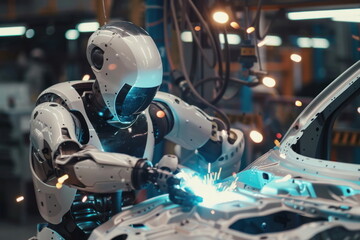 Robot human replacing jobs AI artificial intelligence humanoid, working at automobile factory, Welding the car body