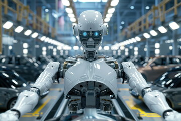Fototapeta premium Robot human replacing jobs AI artificial intelligence humanoid, working at automobile factory