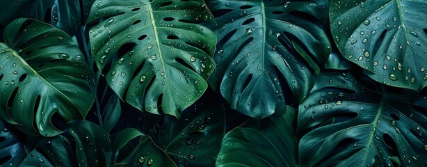 Monstera leaves with water drops on a dark background