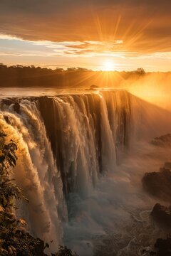 Majestic Waterfall Illuminated by Golden Hour Light, With Cascading Water Catching The Last Rays of Sunlight And Creating a Beautiful Display of Colors, Generative AI