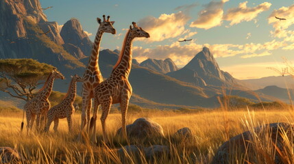 giraffes in the savannah with mountain background - 796033863