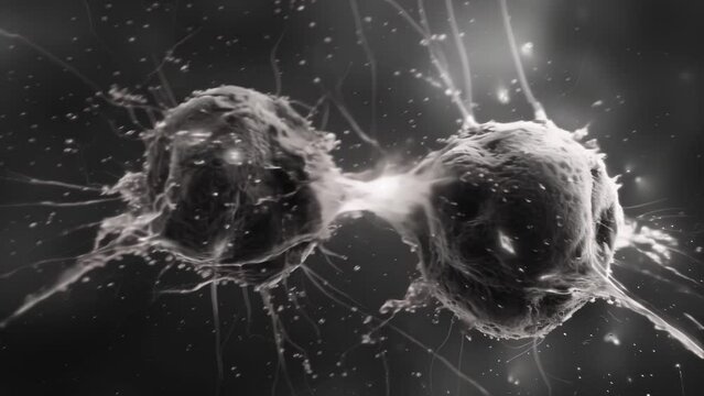 An electron microscope image of a protozoa undergoing cell division. The cell is in the process of splitting into two with the presence . AI generation.