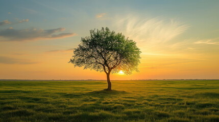 Tree stand on green field background, nature wallpaper for web or banner - 796034227