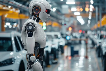 Robot human replacing jobs AI artificial intelligence humanoid, working at automobile factory - 796034440
