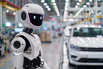 Robot human replacing jobs AI artificial intelligence humanoid, working at automobile factory - 796034476