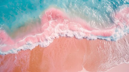 spectacular top view from drone photo of beautiful pink beach with relaxing sunlight sea water...