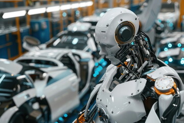 Fototapeta premium Robot human replacing jobs AI artificial intelligence humanoid, working at automobile factory
