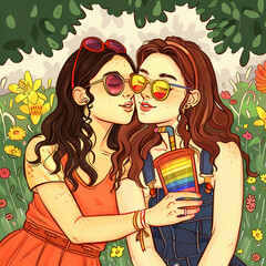 Painting lesbian couple love and romance. Beautiful lesbian couple cartoon