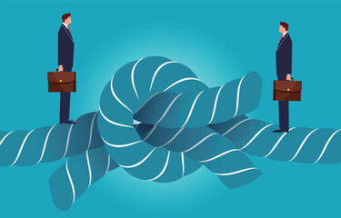 Knots, conflicts, entanglements between two businessmen, difficult business relationships, conflicts between coworkers or office politics, two businessmen standing on opposite sides of a knotted rope