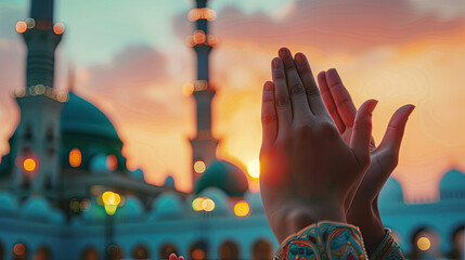 A picture of hands raised in prayer, with a soft-focus mosque in the background, symbolizing devotion and faith
