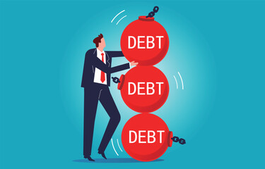 More and more debt, debt problems, overloaded debt or expense payments, financial lending risks and crises, businessmen stacking higher and higher iron balls of debt