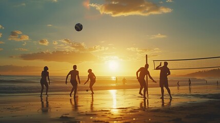 Beach volleyball game at sunset combining fun