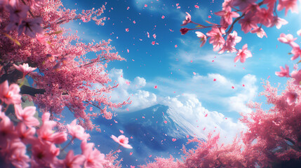 Illustration of blue sky and falling cherry blossom petals.