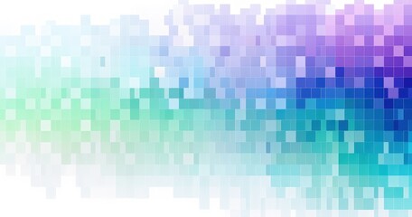 Fototapeta na wymiar Vector pixel gradient background with white color and blue, green, purple colors on the right side of an abstract pattern made from squares on isolated white background