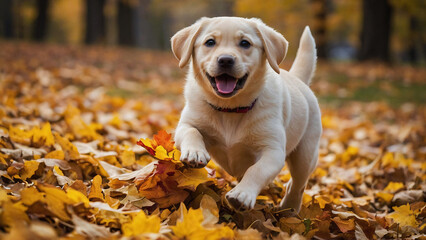 A playful yellow Labrador pup bounding through a pile of colorful autumn leaves2. Generated AI.
