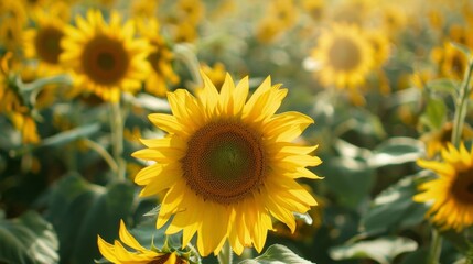 Obraz premium A sunflower standing out among a crowd of sunflowers