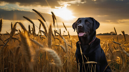 A majestic black Labrador retriever standing proudly amidst a field of tall golden wheat2....