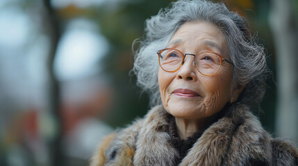 Japanese senior woman smiling under the windy sky