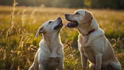 A pair of Labrador siblings playfully wrestling in a sunlit meadow. Generated AI.