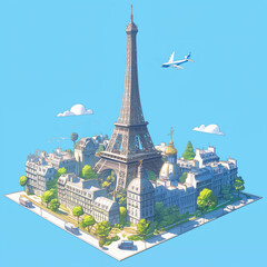 Isometric Paris Block with Eiffel Tower and Flying Plane