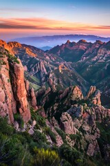 Fototapeta premium Majestic Mountain Landscape Bathed in Golden Hour Light, With The Peaks Glowing Orange And Pink Against a Backdrop of Deep Blue Sky, Generative AI