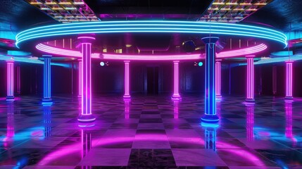 Vibrant neon lights illuminate a high-tech interior with sleek reflective floors