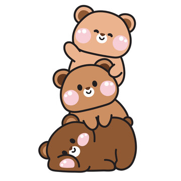 Cute teddy bear stay on top each other greeting.Wild animal character cartoon design.Image for card,poster,sticker,baby clothing,t shirt print screen.Relax.Lay.Kawaii.Vector.Illustration.