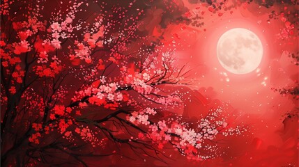An acrylic painting depicts cherry blossom trees in full bloom.