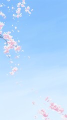 A blue sky with pink cherry blossoms falling down.