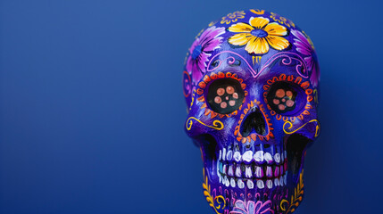 Decorative Blue and Gold Skull Art on Solid Blue Background, Dia de los Muertos