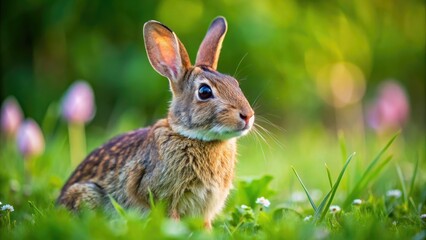 Rabbit in the grass with flowers in the background