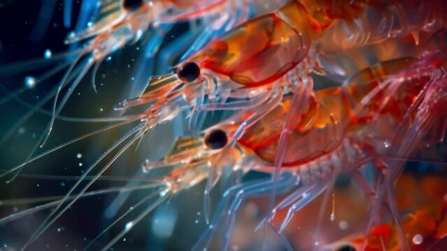An image of krill a crucial food source for many ocean creatures viewed under a microscope to show their small segmented bodies and . AI generation.