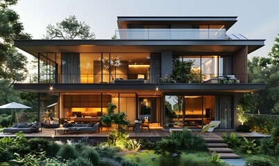 Obraz premium A modern treehouse design with floor plans, set against a dense jungle background. view of nice style villa in tropic environment.