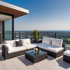 Luxury penthouse terrace with outdoor furniture and city skyline, Ai Generated
