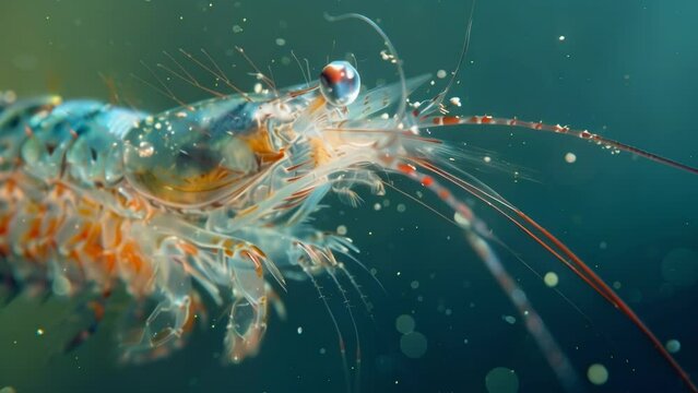 Detailed image of a copepod a small shrimplike crustacean filtering tiny particles of food through its appendages. . AI generation.