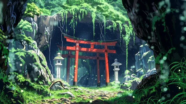 Japanese moss-covered Torii Gates in the forest cave. Ancient concept, anime illustration style, looping 4k video animation background