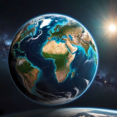 Planet earth globe view from space showing realistic earth surface and world map as in outer space point of view, Ai Generated