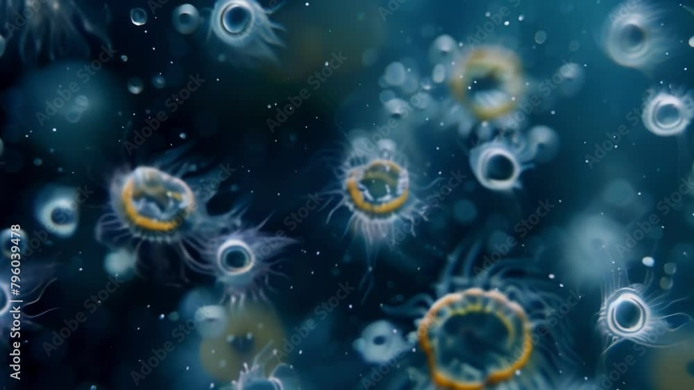 Poster a magnified view of a colony of protozoa with some forming long chains while others float freely in 